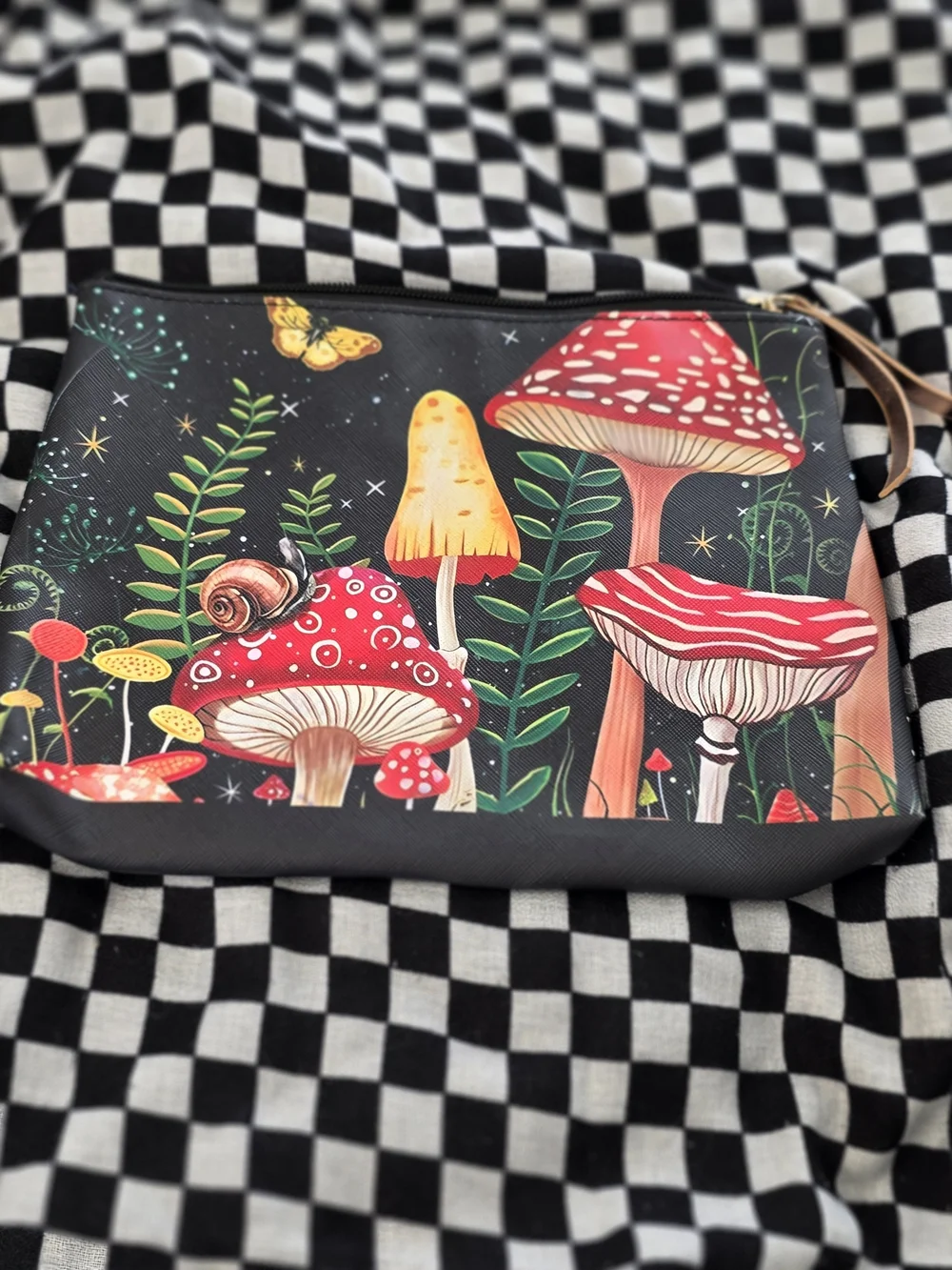 Mushroom Print Zip Pouch - Black with Red and Yellow Accents